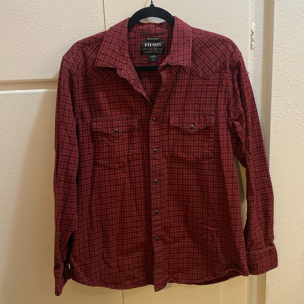 Filson Western Trim Fit Shirt Plaid Checker Buffalo Red Flannel